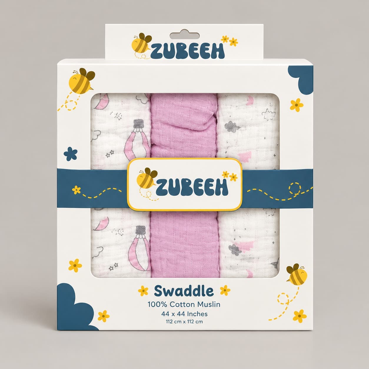 Zubeeh Muslin Swaddle – 100% Cotton, 44 × 44 Inches